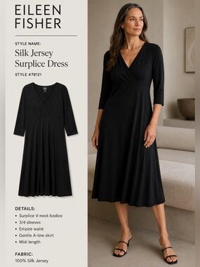 Eileen Fisher Silk Jersey Surplice Midi Dress L Black Quiet Luxury Minimalist